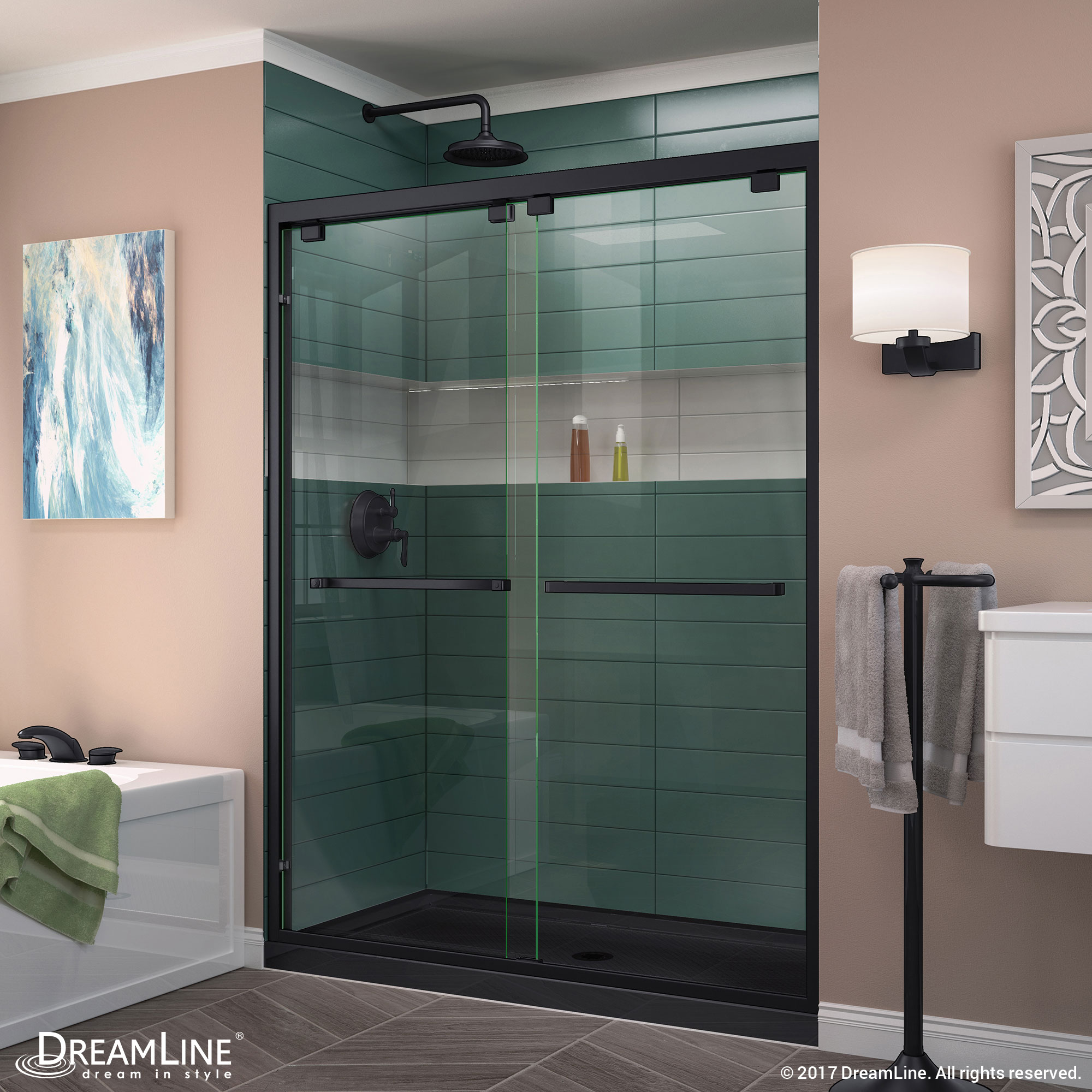 DreamLine Encore 32 in. D x 54 in. W x 78 3/4 in. H Bypass Shower Door in Chrome and Center Drain Black Base Kit