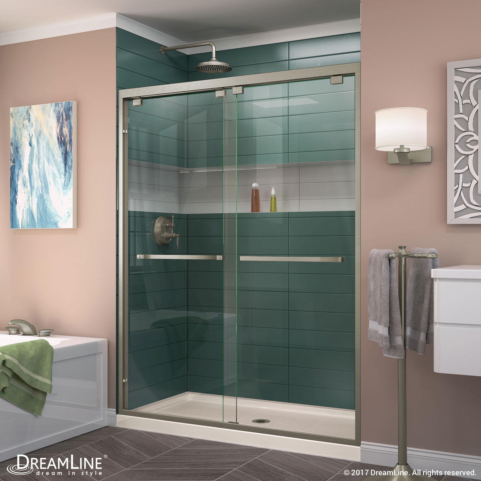 DreamLine Encore 32 in. D x 60 in. W x 78 3/4 in. H Bypass Shower Door in Chrome and Center Drain Black Base Kit