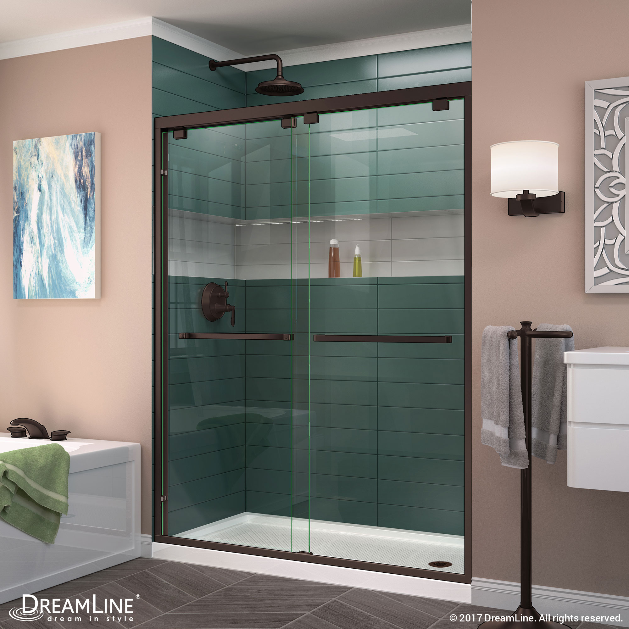 DreamLine Encore 34 in. D x 60 in. W x 78 3/4 in. H Bypass Shower Door in Chrome and Center Drain Biscuit Base Kit