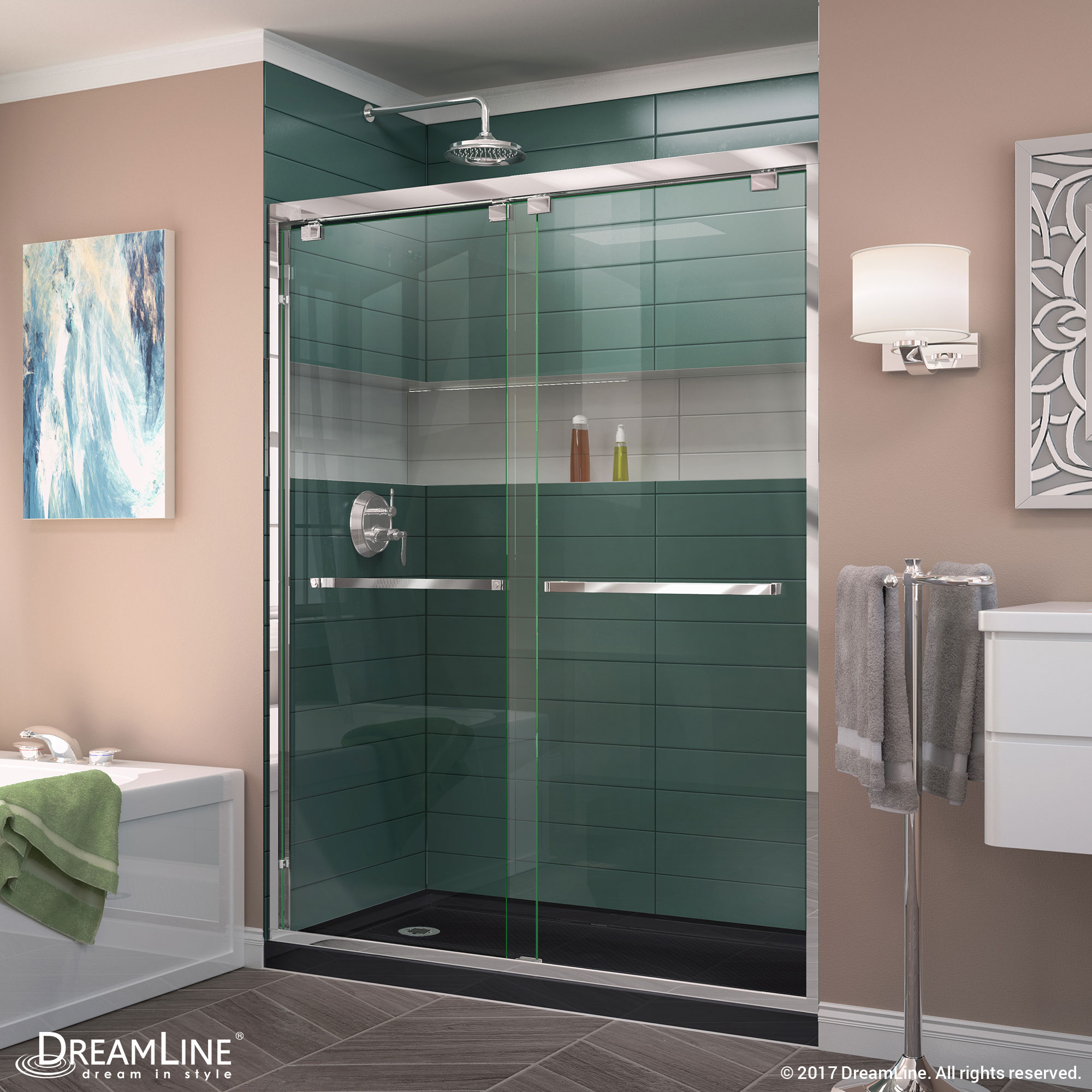 DreamLine Encore 36 in. D x 60 in. W x 78 3/4 in. H Bypass Shower Door in Oil Rubbed Bronze and Left Drain Biscuit Base Kit