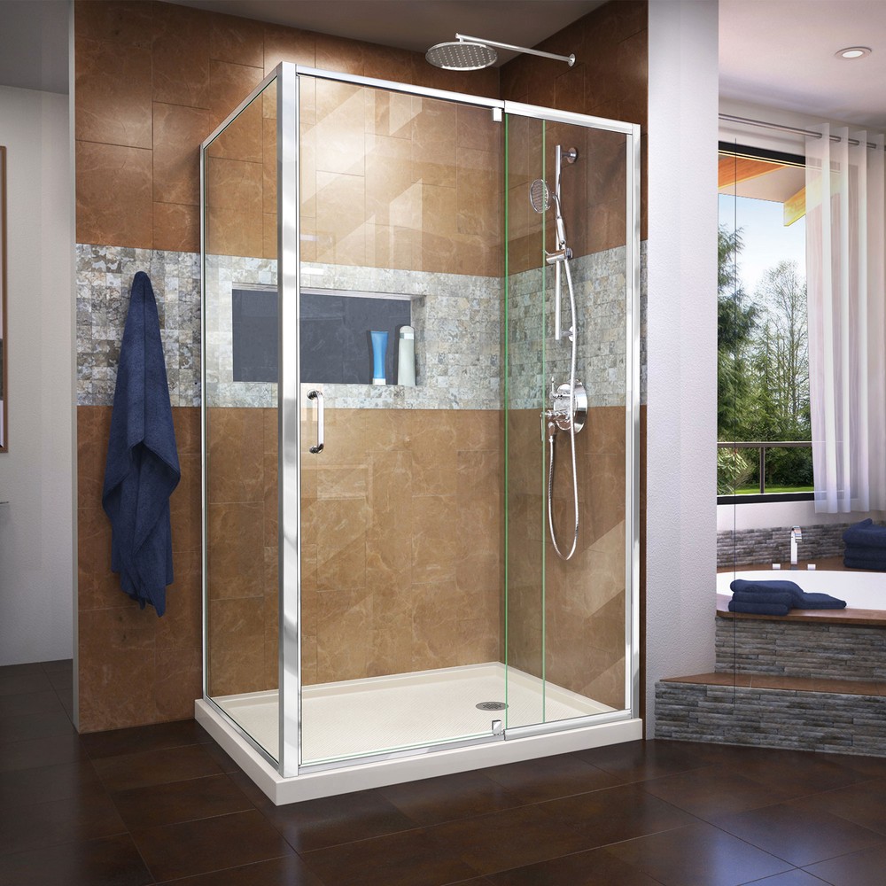 DreamLine Flex 36 in. D x 48 in. W x 74 3/4 in. H Semi-Frameless Pivot Shower Enclosure in Chrome with Left Drain Biscuit Base K