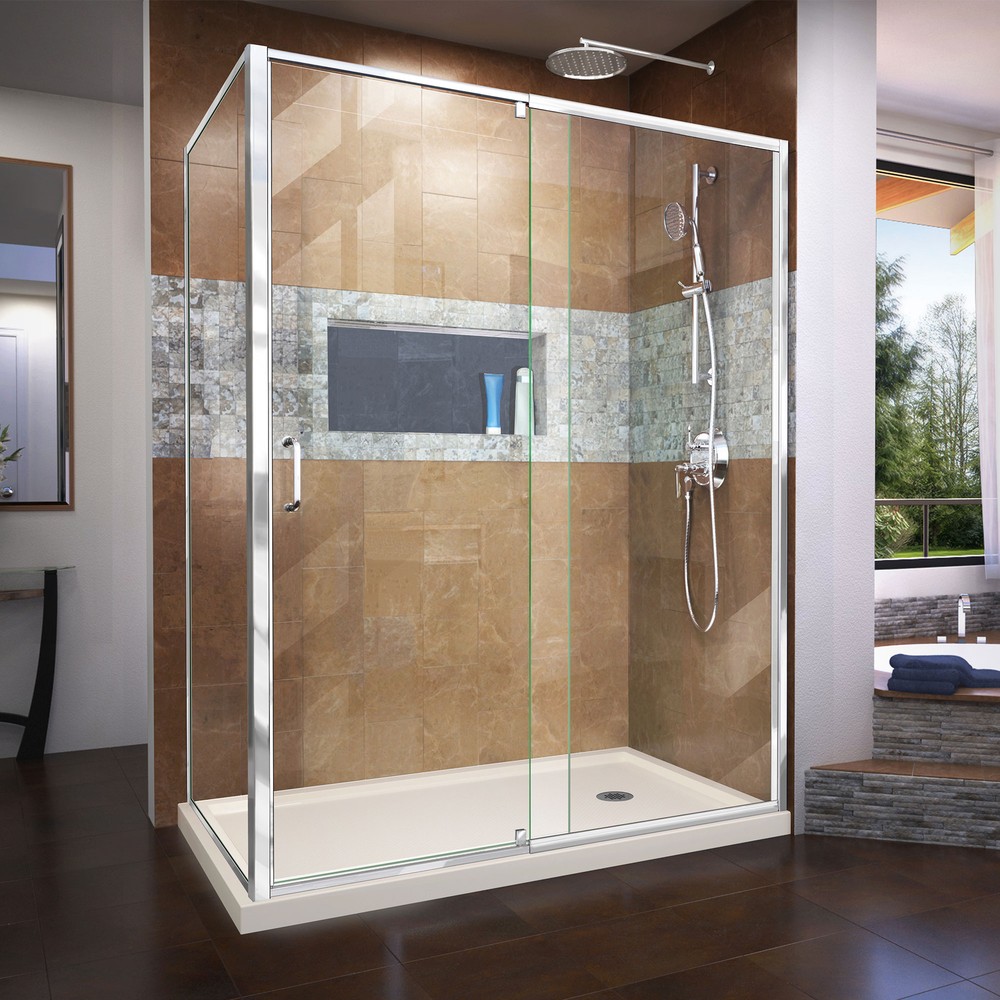 DreamLine Flex 36 in. D x 60 in. W Semi-Frameless Pivot Shower Enclosure in Chrome with Left Drain Biscuit Acrylic Base Kit