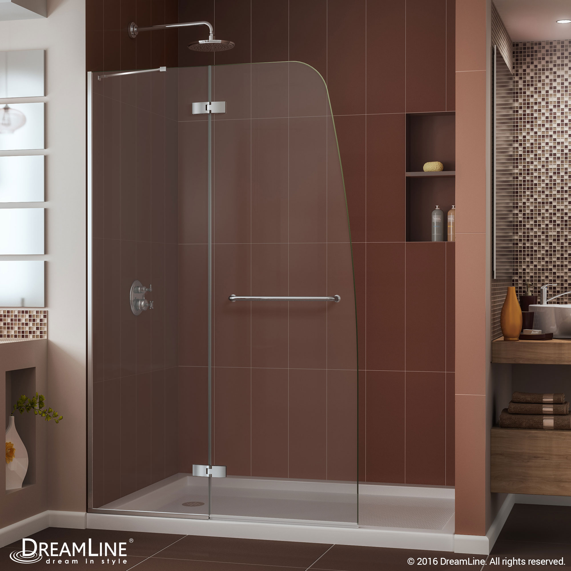 DreamLine Aqua Ultra 36 in. D x 48 in. W x 74 3/4 in. H Frameless Shower Door in Chrome and Center Drain Biscuit Base Kit