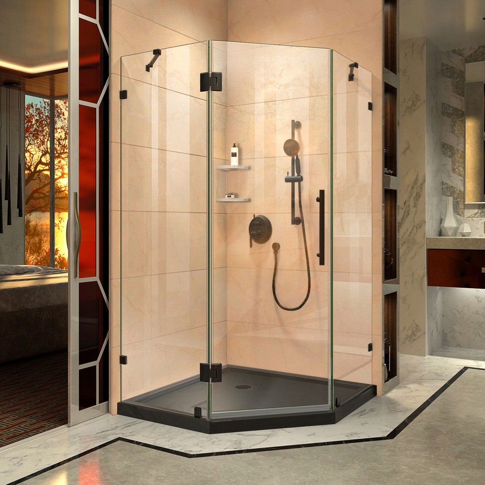 DreamLine Prism Lux 36 in. D x 36 in. W x 74 3/4 in. H Hinged Shower Enclosure in Chrome with Corner Drain Black Base Kit