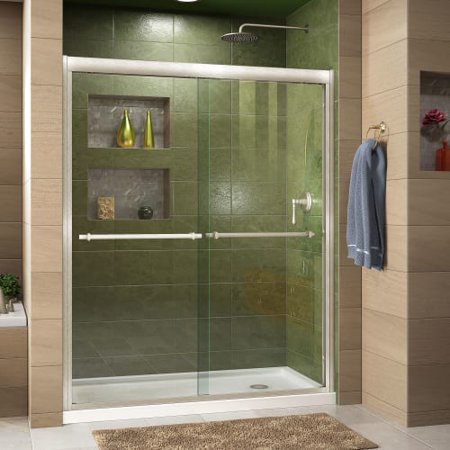 DreamLine Duet 30 in. D x 60 in. W x 74 3/4 in. H Bypass Shower Door in Brushed Nickel with Right Drain Biscuit Base Kit