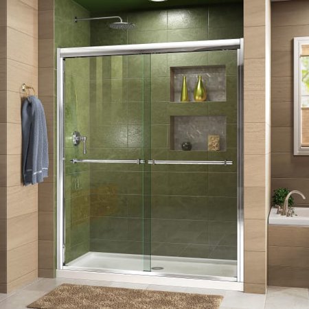 DreamLine Duet 36 in. D x 60 in. W x 74 3/4 in. H Bypass Shower Door in Chrome with Center Drain Biscuit Base Kit