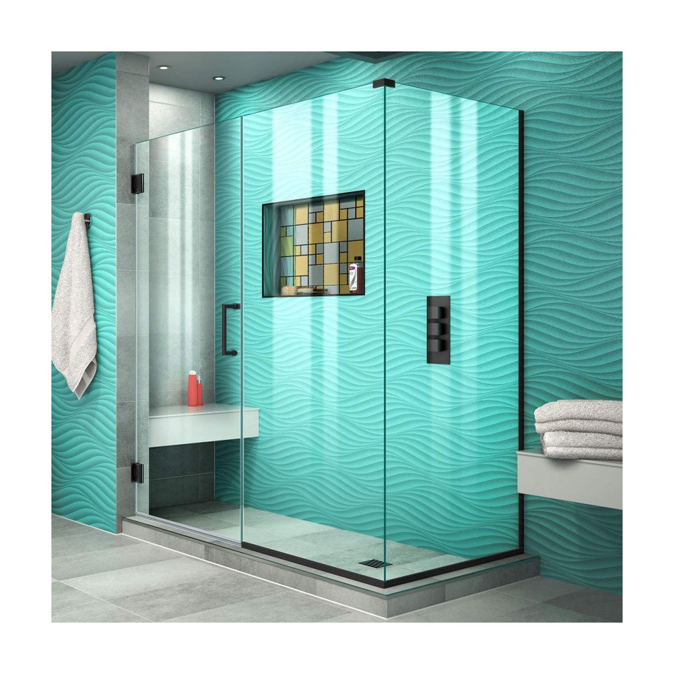 DreamLine Unidoor Plus 59 1/2 in. W x 34 3/8 in. D x 72 in. H Frameless Hinged Shower Enclosure, Clear Glass, Satin Black