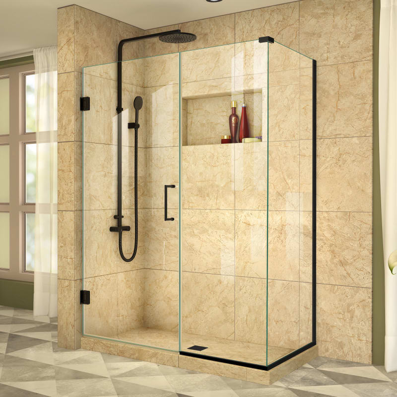 DreamLine Unidoor Plus 49 1/2 in. W x 34 3/8 in. D x 72 in. H Frameless Hinged Shower Enclosure, Clear Glass, Satin Black