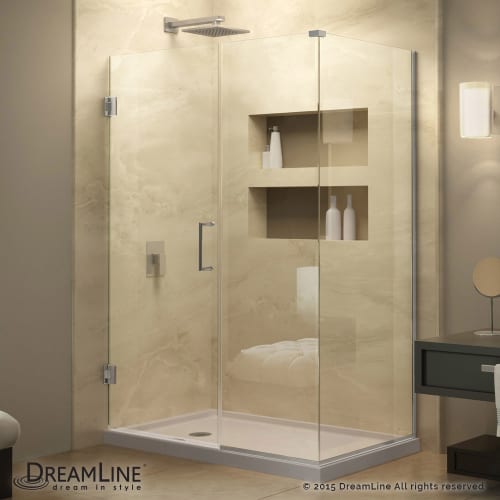 DreamLine Unidoor Plus 46 1/2 in. W x 34 3/8 in. D x 72 in. H Frameless Hinged Shower Enclosure, Clear Glass, Satin Black