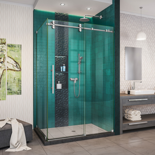 DreamLine Enigma-XO 32 1/2 in. D x 44 3/8-48 3/8 in. W x 76 in. H Frameless Shower Enclosure in Brushed Stainless Steel