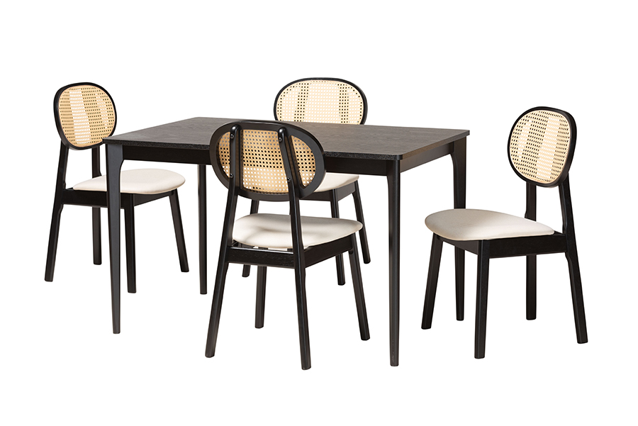Baxton Studio Darrion Mid-Century Modern Cream Fabric and Black Finished Wood 5-Piece Dining Set