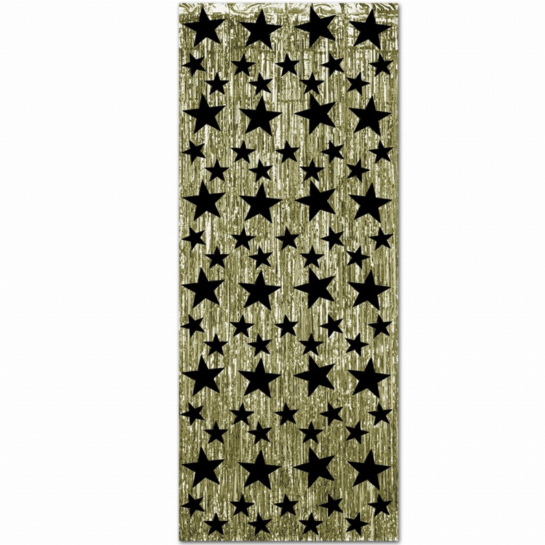 Curtains - 8 ft x 3 ftgold with printed black stars- printed 2 sides