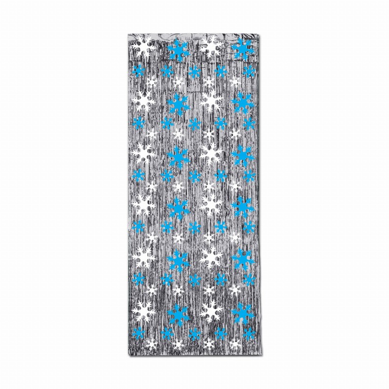 Curtains - 8 ft x 3 ftsilver with printed blue & white snowflakes