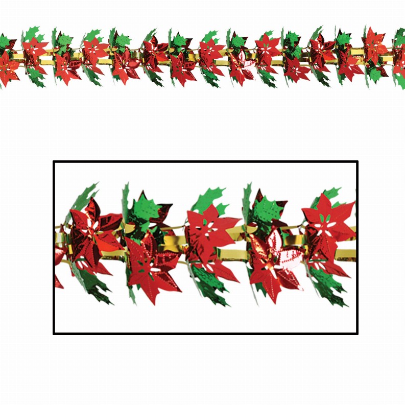 Metallic Themed Decorations  - Christmas/Winter Poinsettia & Holly Garland/Column