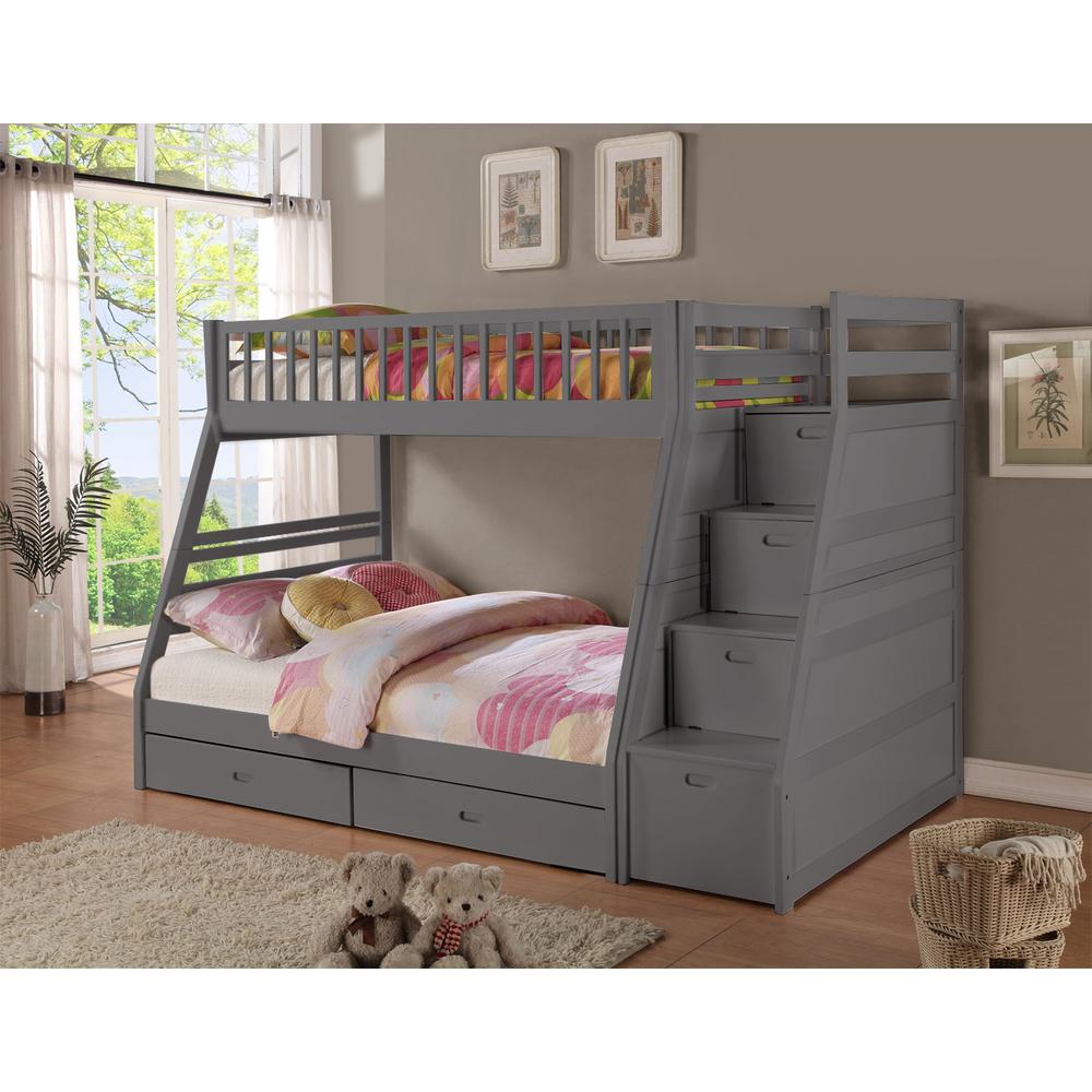 Sofia Twin Over Full Bunk Bed with 2 Drawers and Staircase Storage  Rustic Grey