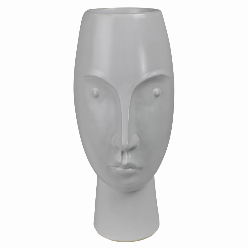 10 Inch Artisanal Face Shape Ceramic Vase, Round Top, Light Gray