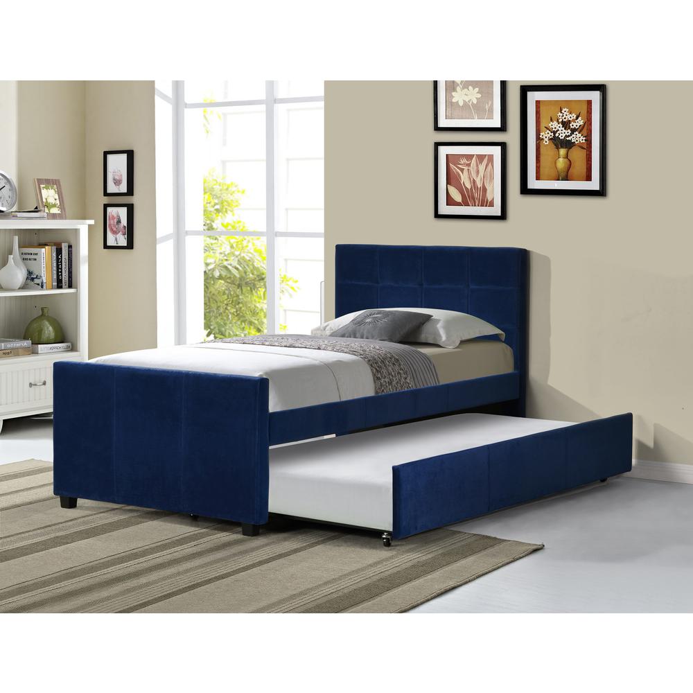 Twin Bed With Twin Trundle in Navy Blue Velvet Fabric
