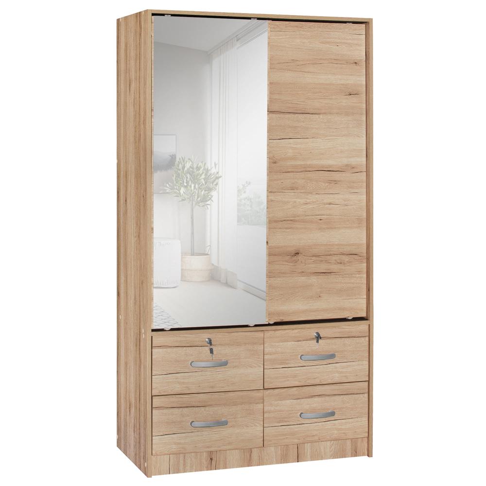 Better Home Products Sarah Double Sliding Door Armoire with Mirror Natural Oak