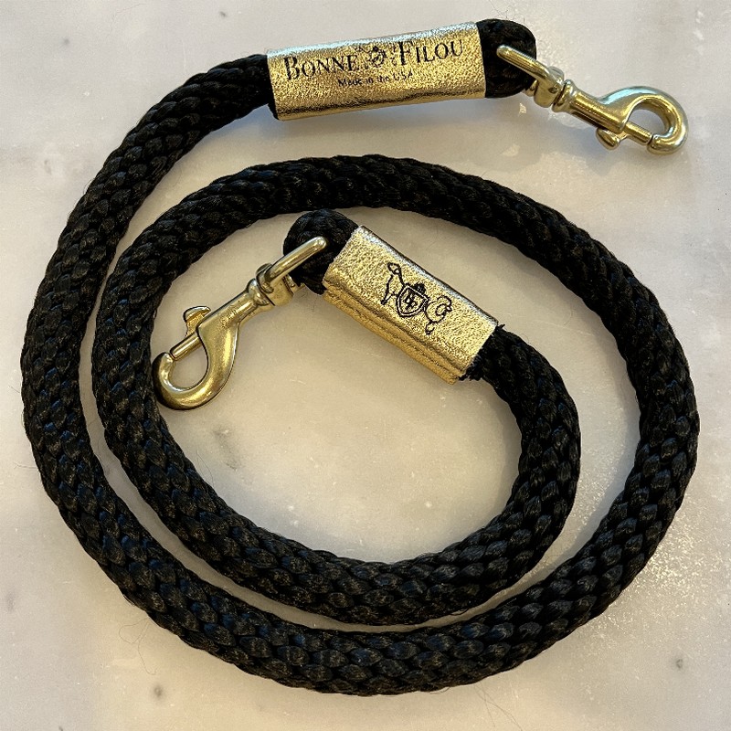 Rope Leash   Black w/ Metallic Gold Leather Sleeve 