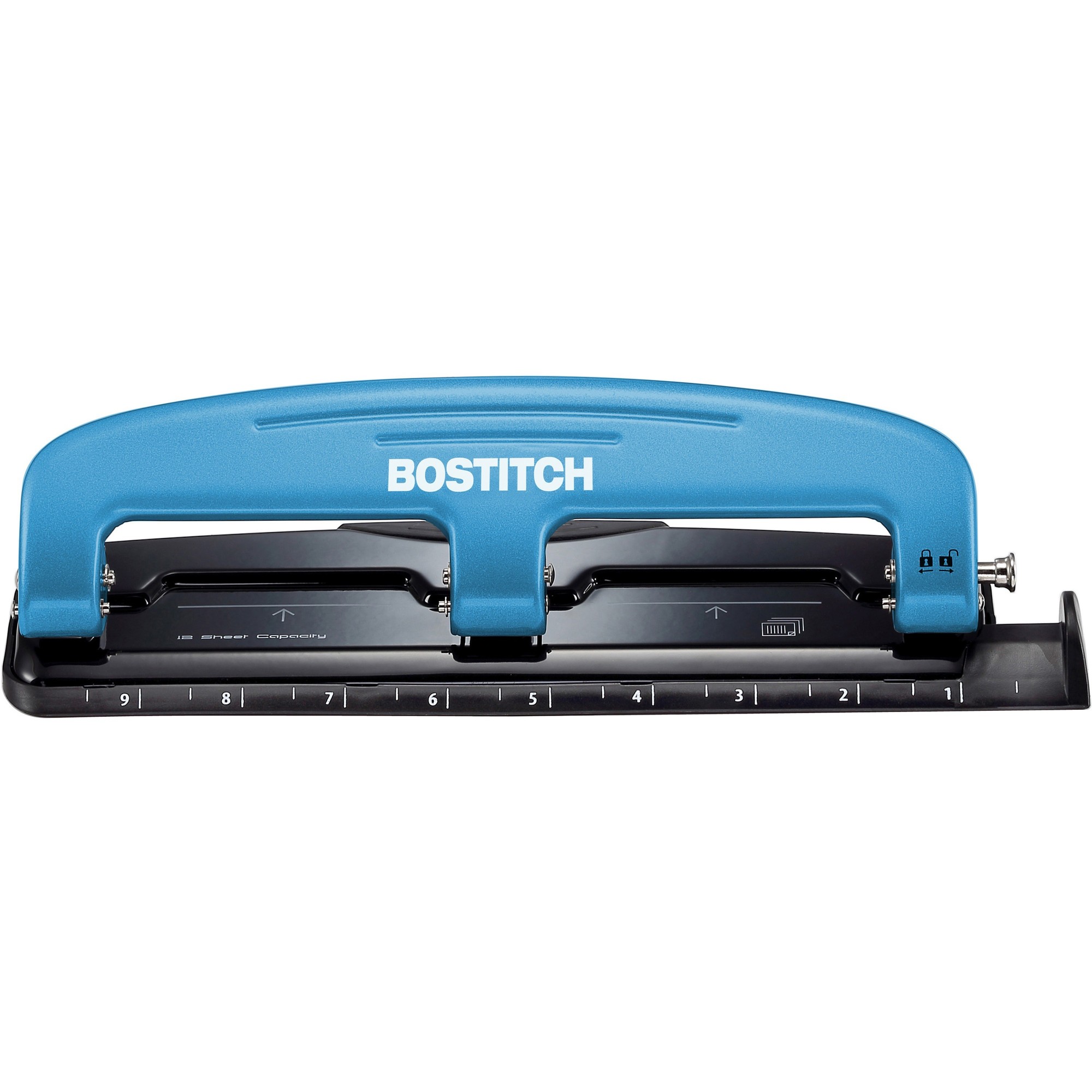 Bostitch EZ Squeeze 12 Three-Hole Punch - 3 Punch Head(s) - 12 Sheet - 9/32" Punch Size - Round Shape - 3" x 1.6" - Blue