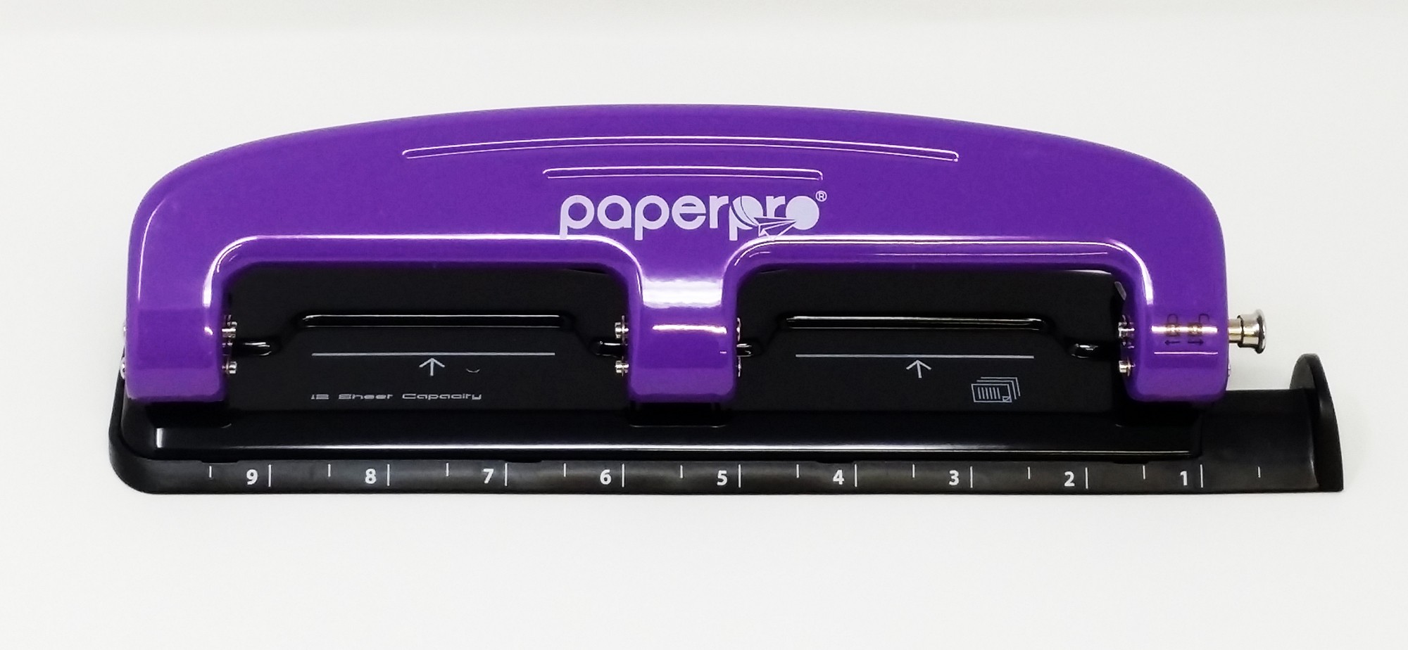 Bostitch EZ Squeeze 12 Three-Hole Punch - 3 Punch Head(s) - 12 Sheet - 9/32" Punch Size - 3" x 1.6" - Purple, Black