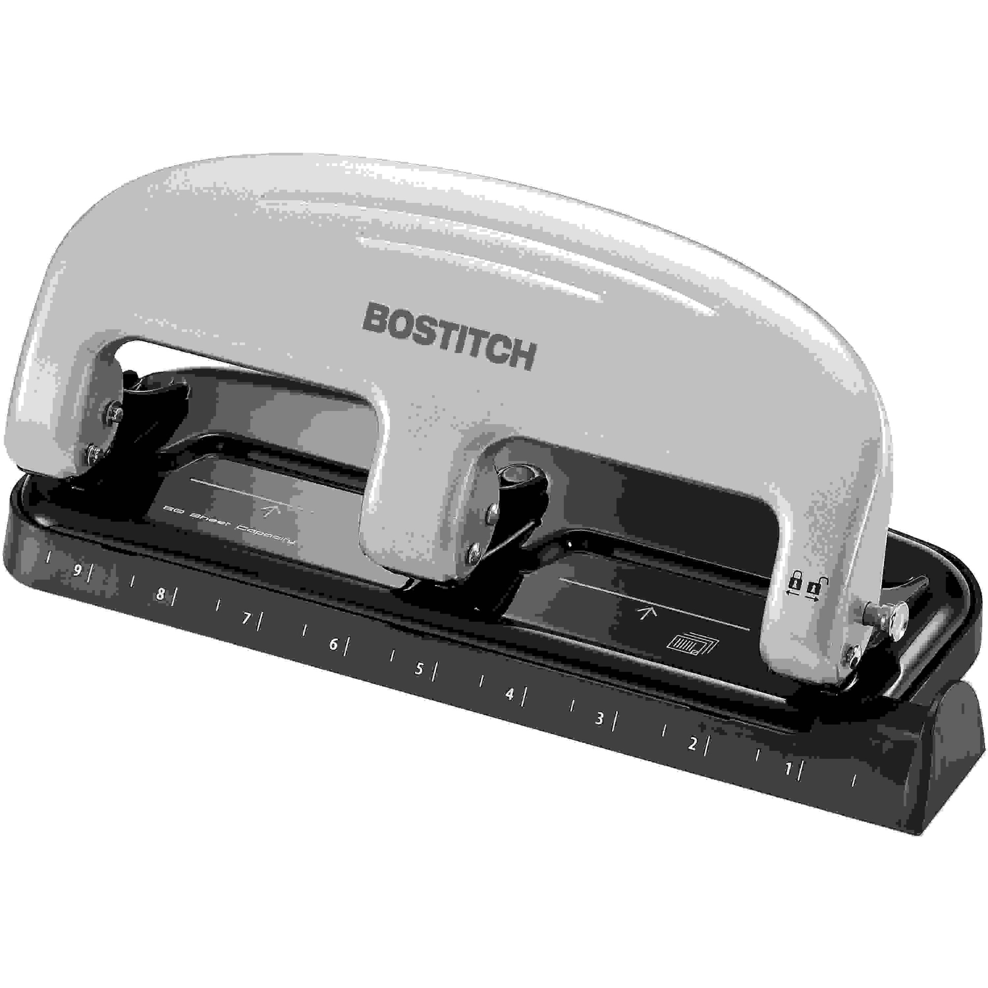 Bostitch EZ Squeeze 20 Three-Hole Punch - 3 Punch Head(s) - 20 Sheet - 9/32" Punch Size - 4.4" x 2" - Black, Silver