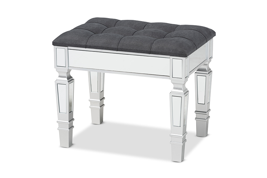 Baxton Studio Hedia Contemporary Glam and Luxe Grey Fabric Upholstered and Silver Finished Wood Ottoman