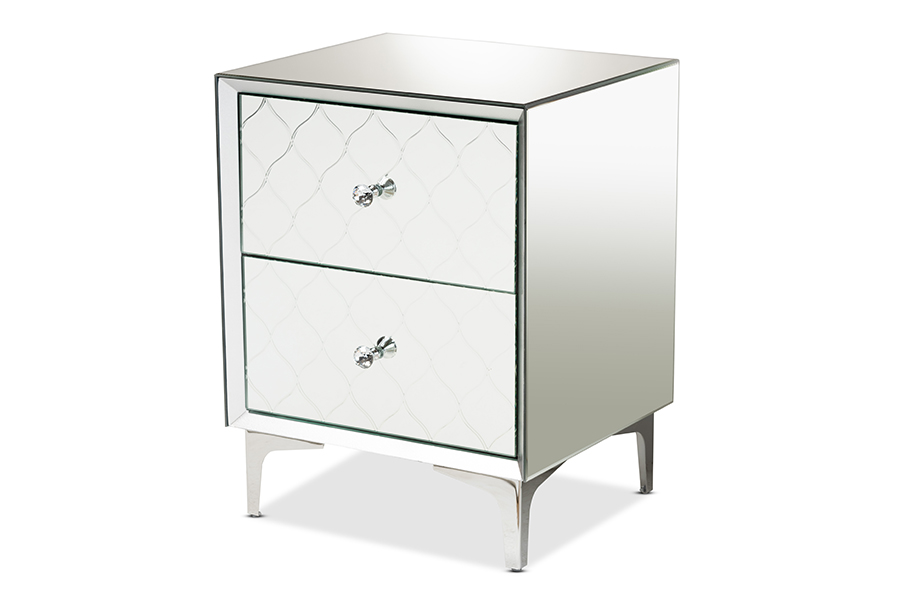 Baxton Studio Kacela Contemporary Glam and Luxe Silver Finished Metal 2-Drawer Nightstand with Mirrored Glass