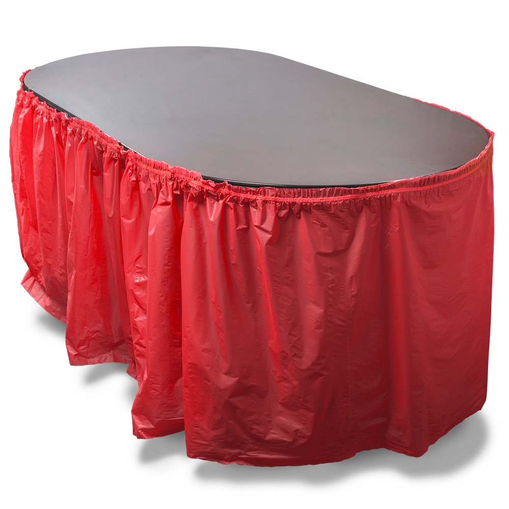 14' Red Reusable Plastic Table Skirt, Extends 20'+