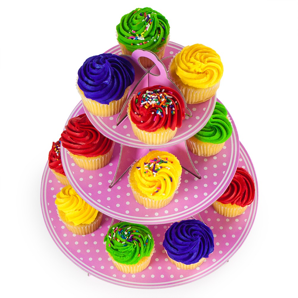 Pink Polka Dot 3 Tier Cupcake Stand, 14in Tall by 12in 