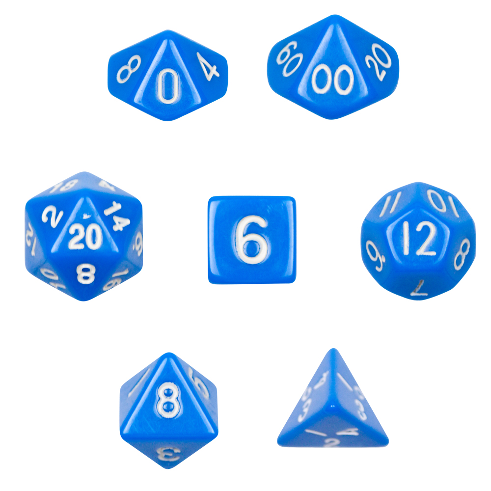 7 Die Polyhedral Dice Set in Velvet Pouch- Opaque Blue