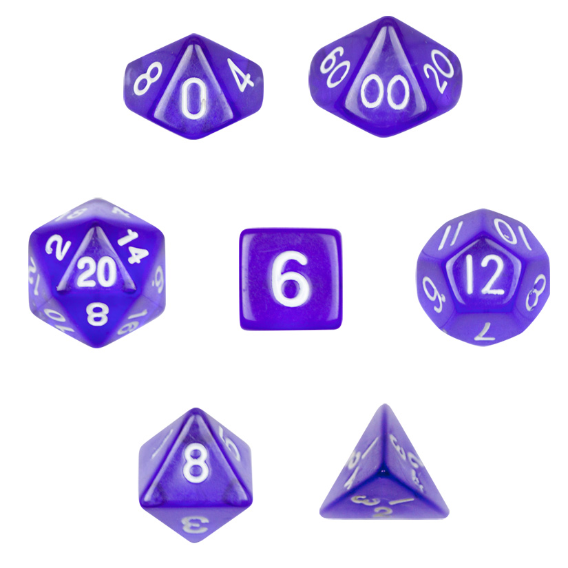 7 Die Polyhedral Dice Set in Velvet Pouch-Translucent Purple