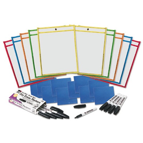 Reusable Dry Erase Pockets Class Pack with Markers and Cloth Erasers