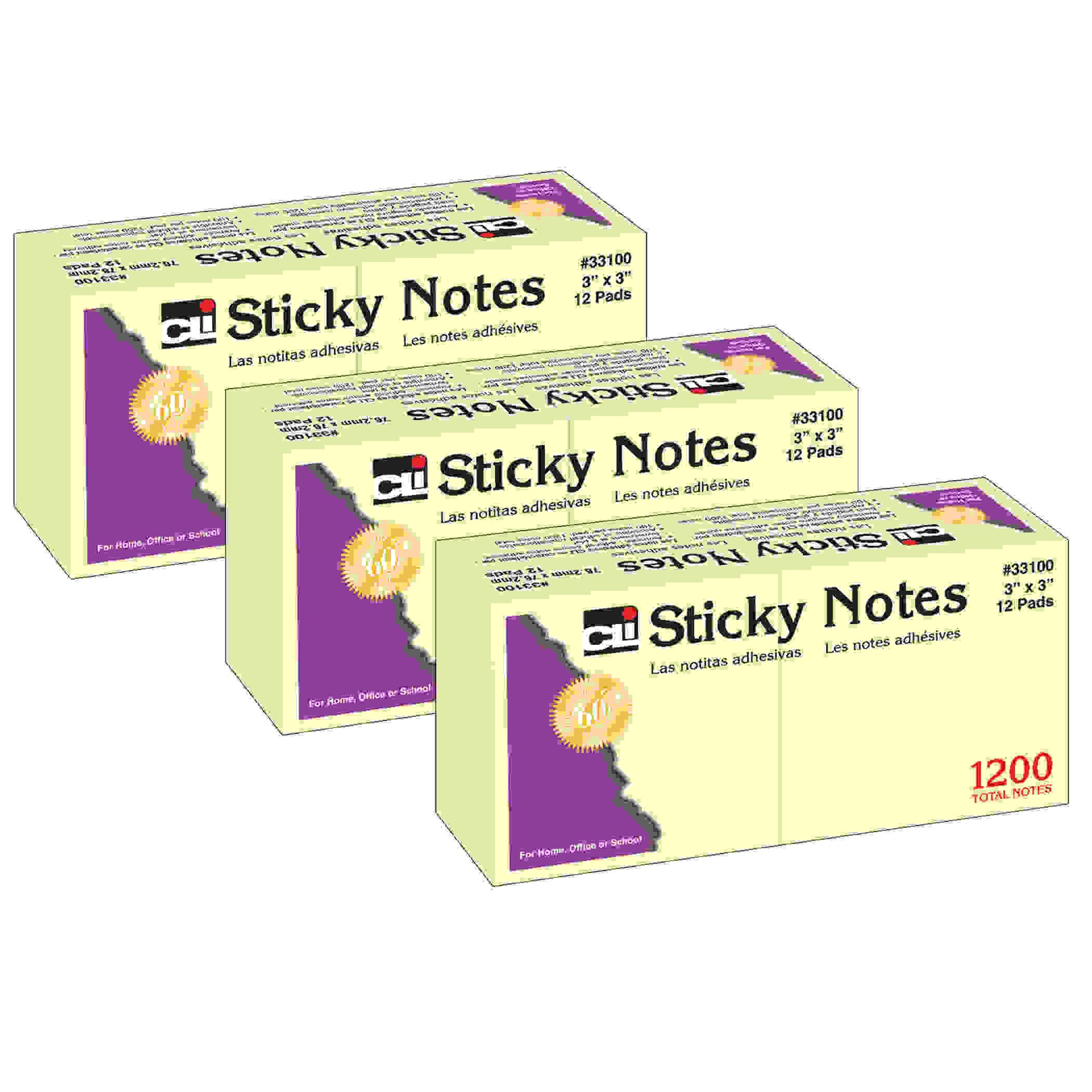Sticky Notes, 3 x 3 Inch, 100 Sheets/Pad, Yellow, 12 Pads Per Pack, 3 Packs