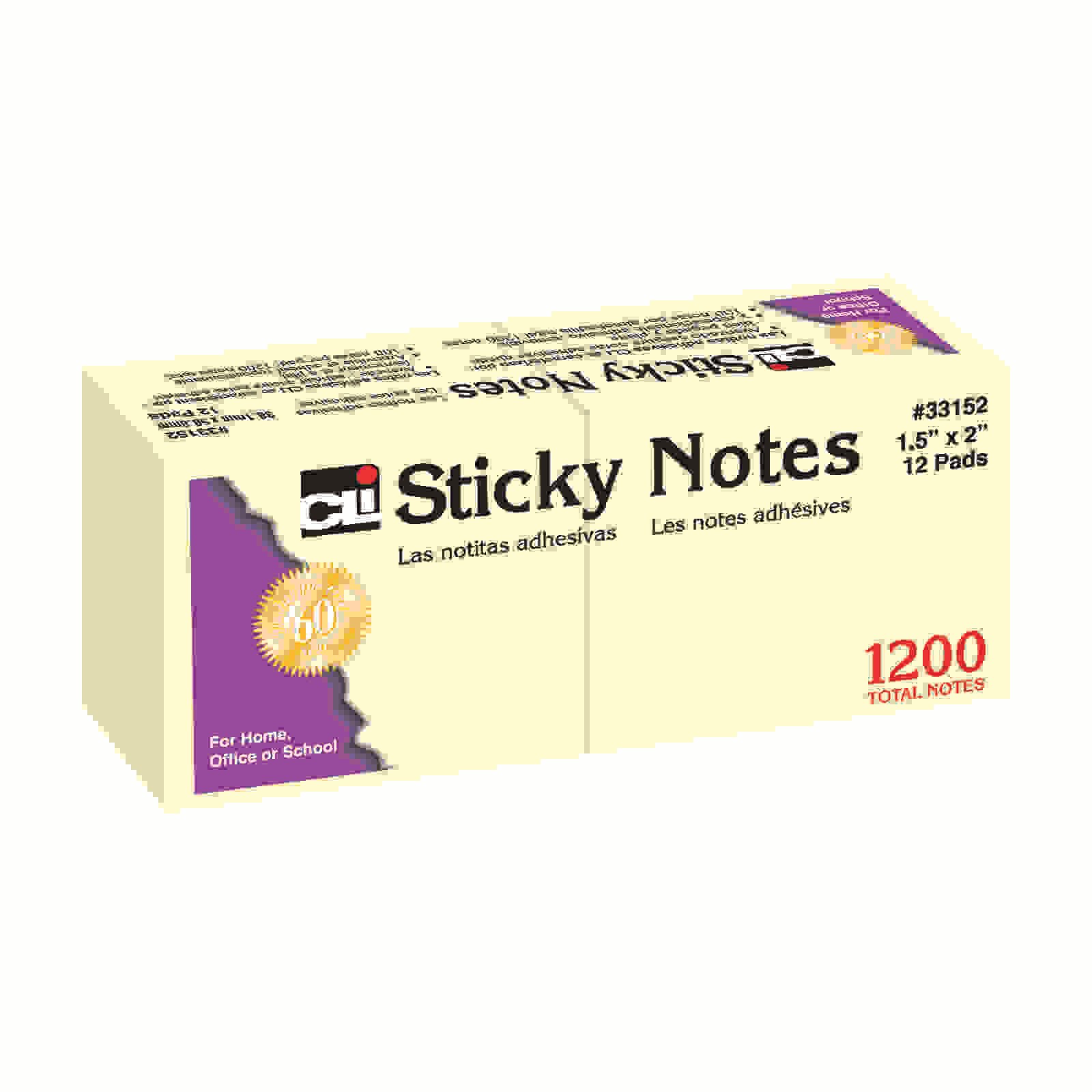 Sticky Notes, 1.5" x 2", Yellow, 100 Sheets/Pad, 12 Pads