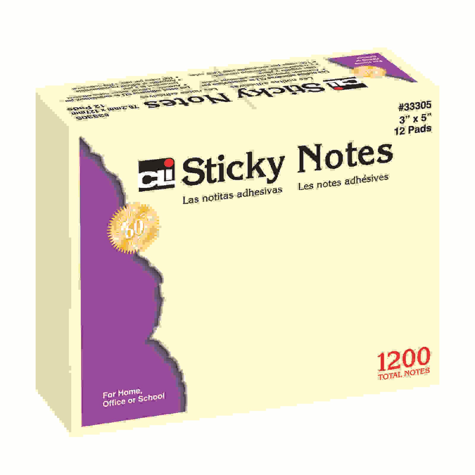Sticky Notes, 3" x 5", Plain, Yellow, 12 Pads