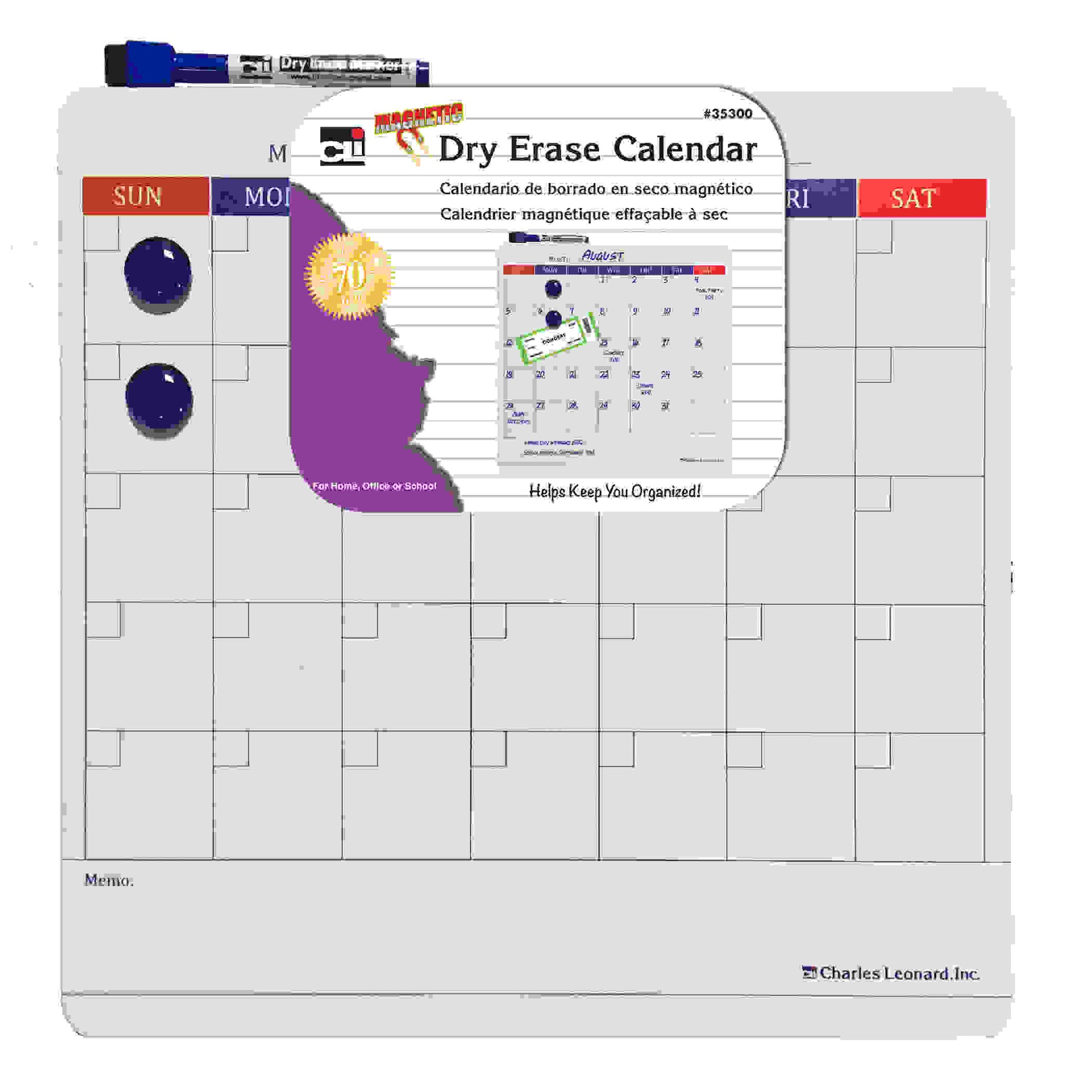 Magnetic Dry Erase Calendar with Marker/Eraser and 2 Magnets, 14" x 14", Pack of 6