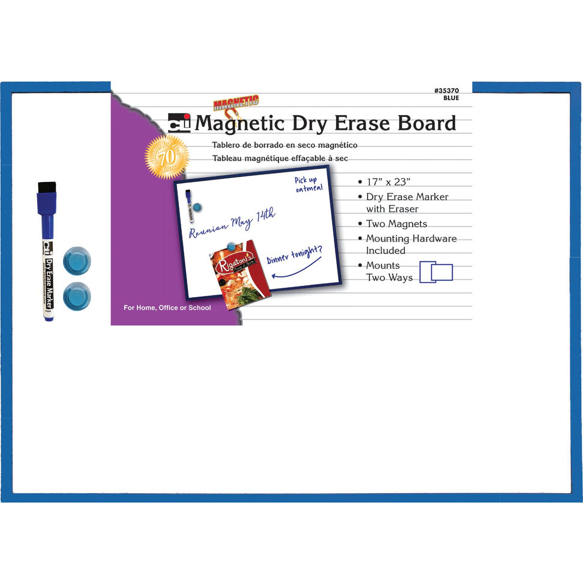 Magnetic Dry Erase Board, 17" x 23", w/Eraser/Marker and 2 Magnets, Blue Frame, 1 Each