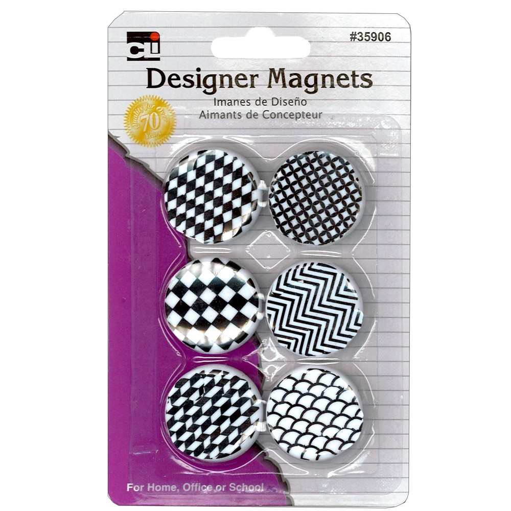 Designer Button Style Magnets, Assorted Designs, Black/White, Pack of 6