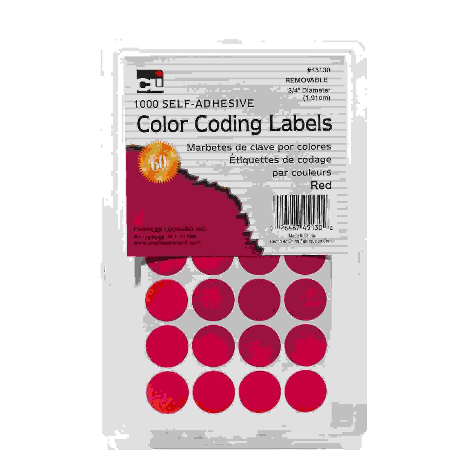 Color Coding Dots, Self-Adhesive Labels, 0.75 Inch Diameter, Red, Box of 1000