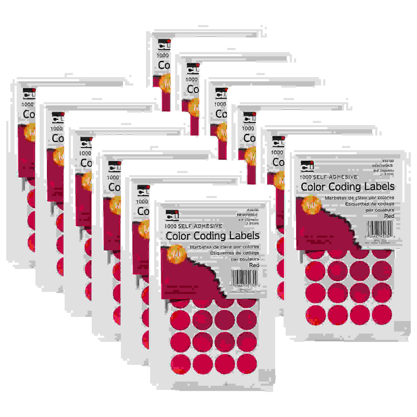 Color Coding Labels, 3/4", Red, 1000 Per Pack, 12 Packs