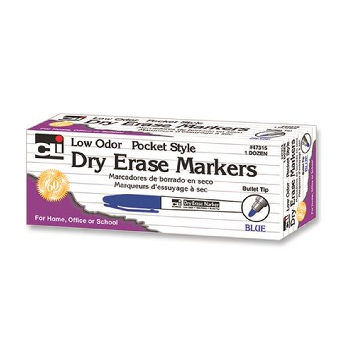 Dry Erase Markers, Pocket Style, Blue, Bullet Tip, Pack of 12