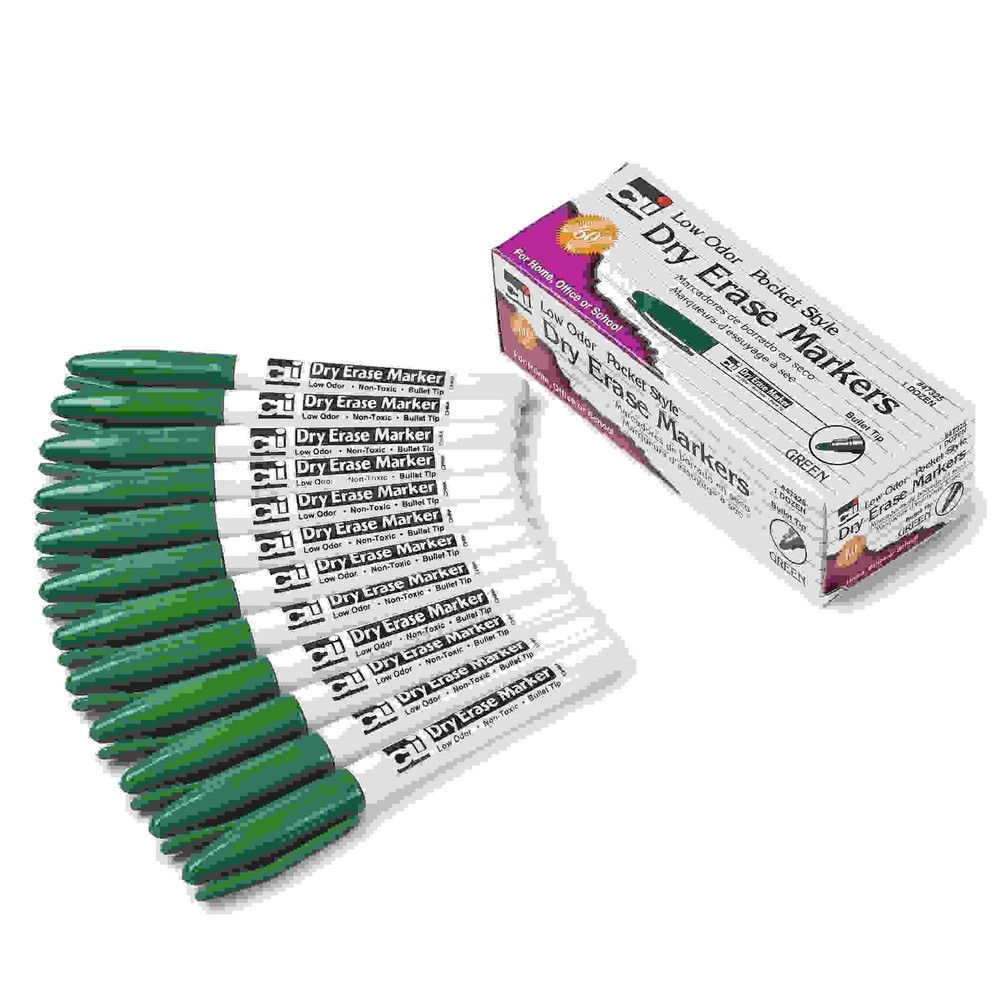 Dry Erase Markers, Pocket Style, Green, Bullet Tip, Pack of 12