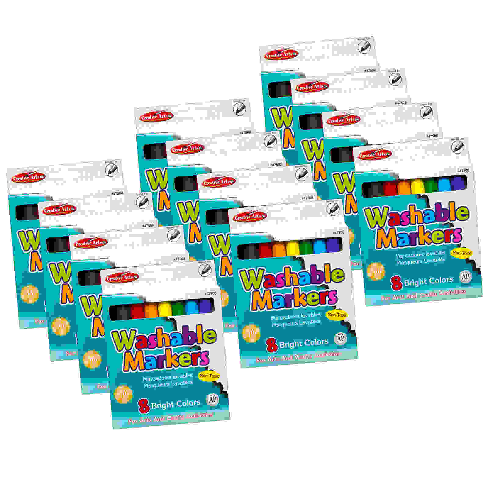 Creative Arts Washable Markers Broad Tip, Assorted Colors, 8 Per Box, 12 Boxes