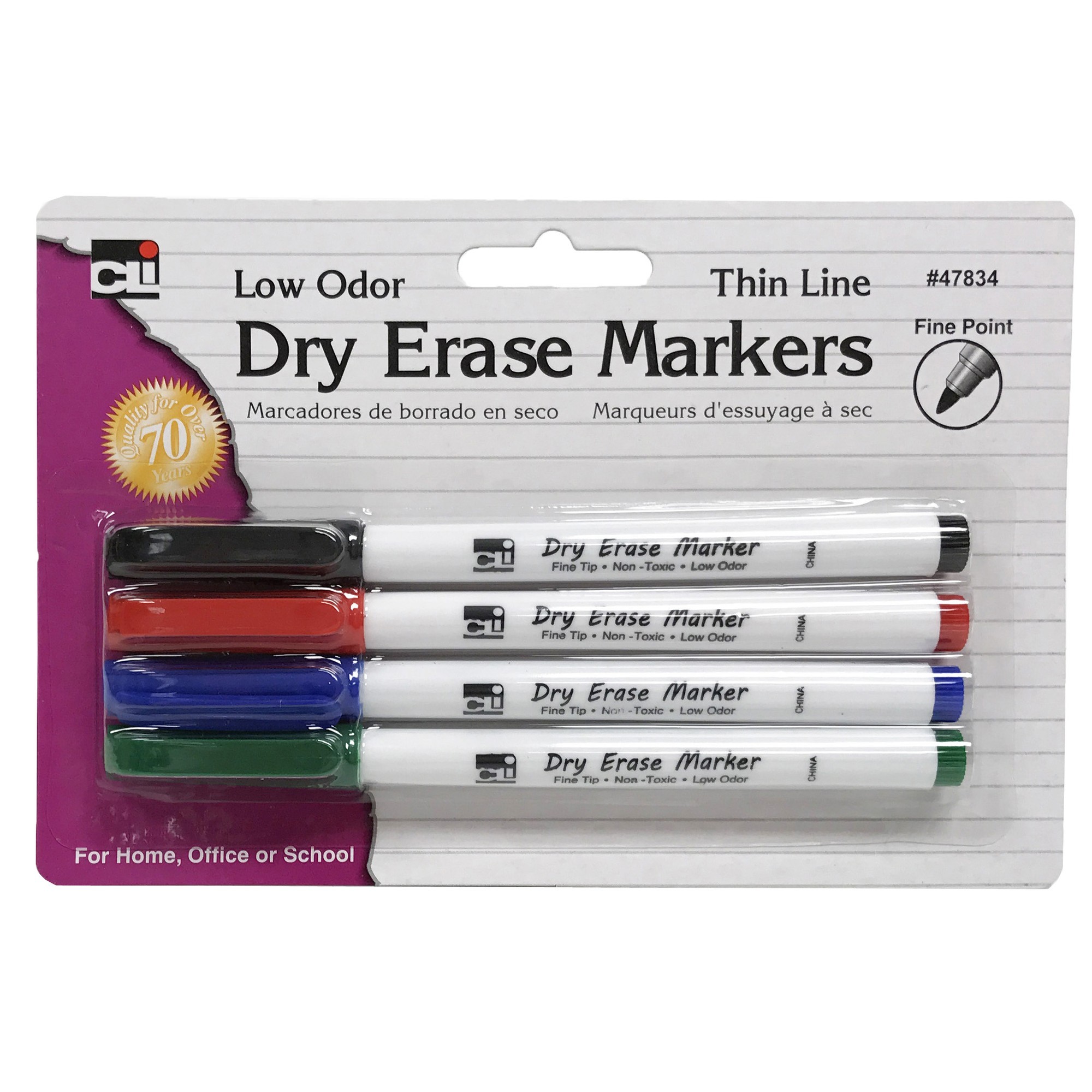 Dry Erase Markers, Thin Line Style, Assorted Colors, Pack of 4