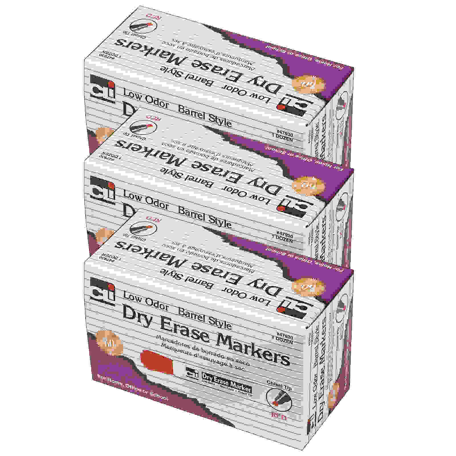 Dry Erase Markers, Barrel Style, Chisel Tip, Red, 12 Per Pack, 3 Packs