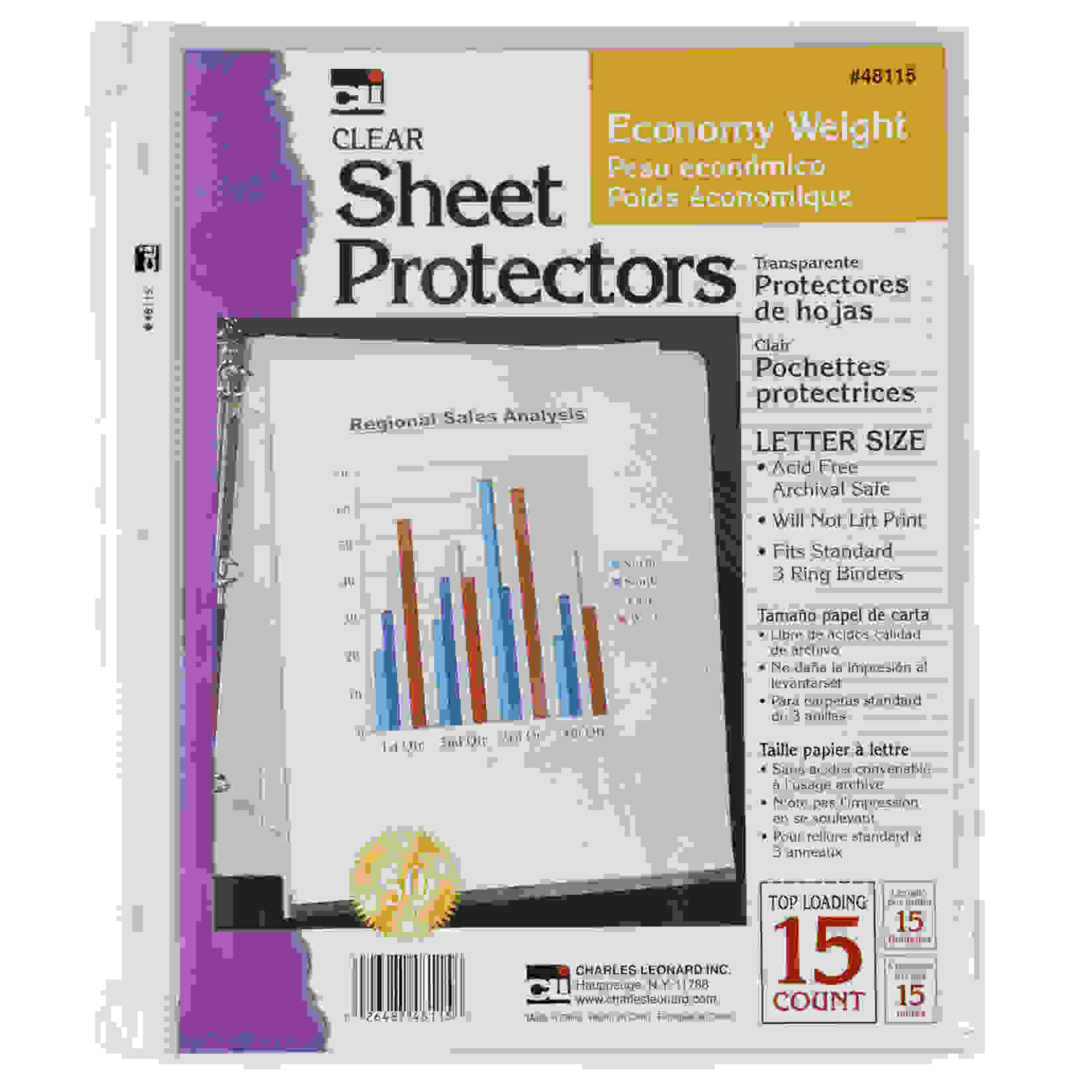Sheet Protectors, Top Loading with Binder Holes, 2 Mils Economy Weight, Letter Size,Pack of 15