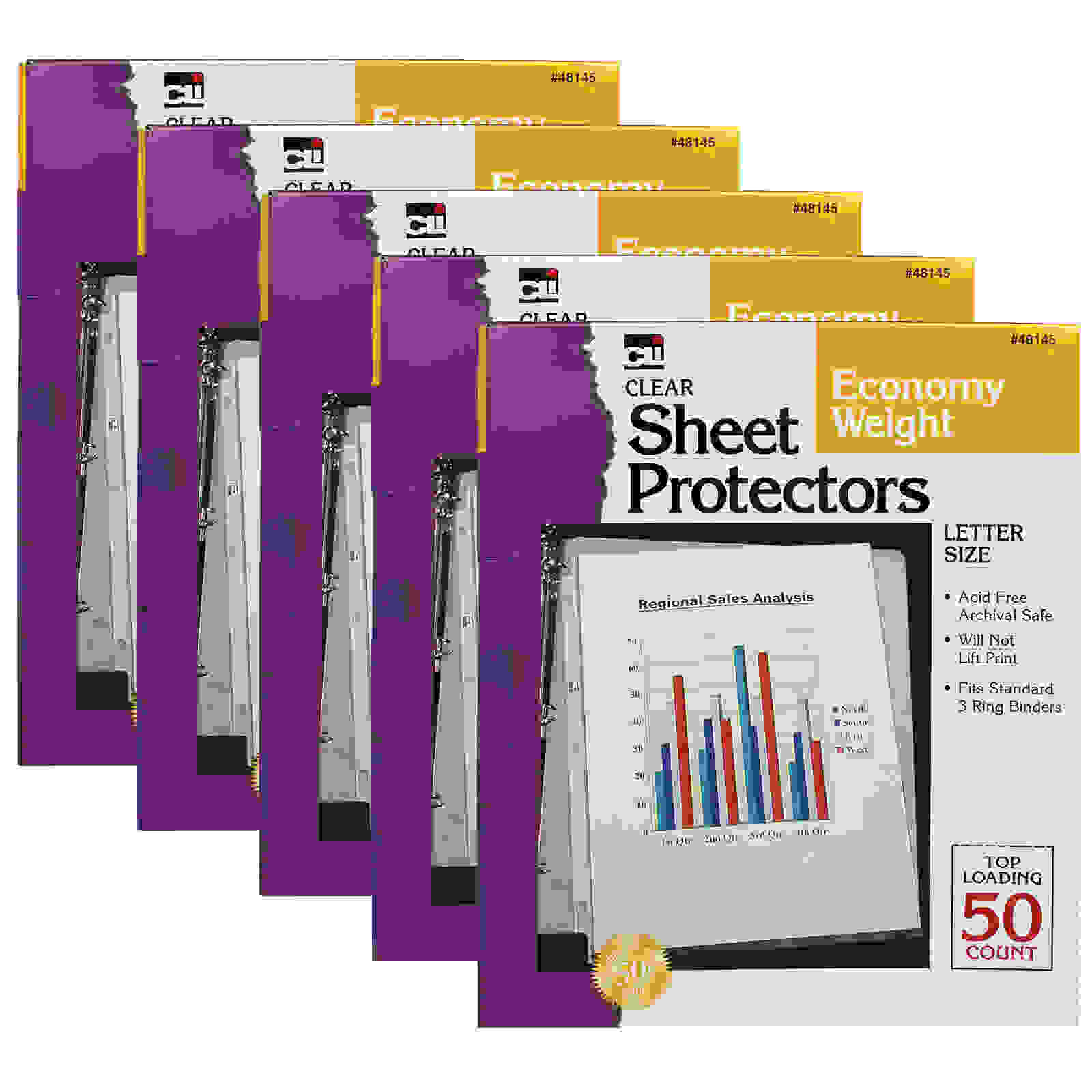 Sheet Protectors, Economy Weight, Letter Size, Clear, 50 Per Box, 5 Boxes