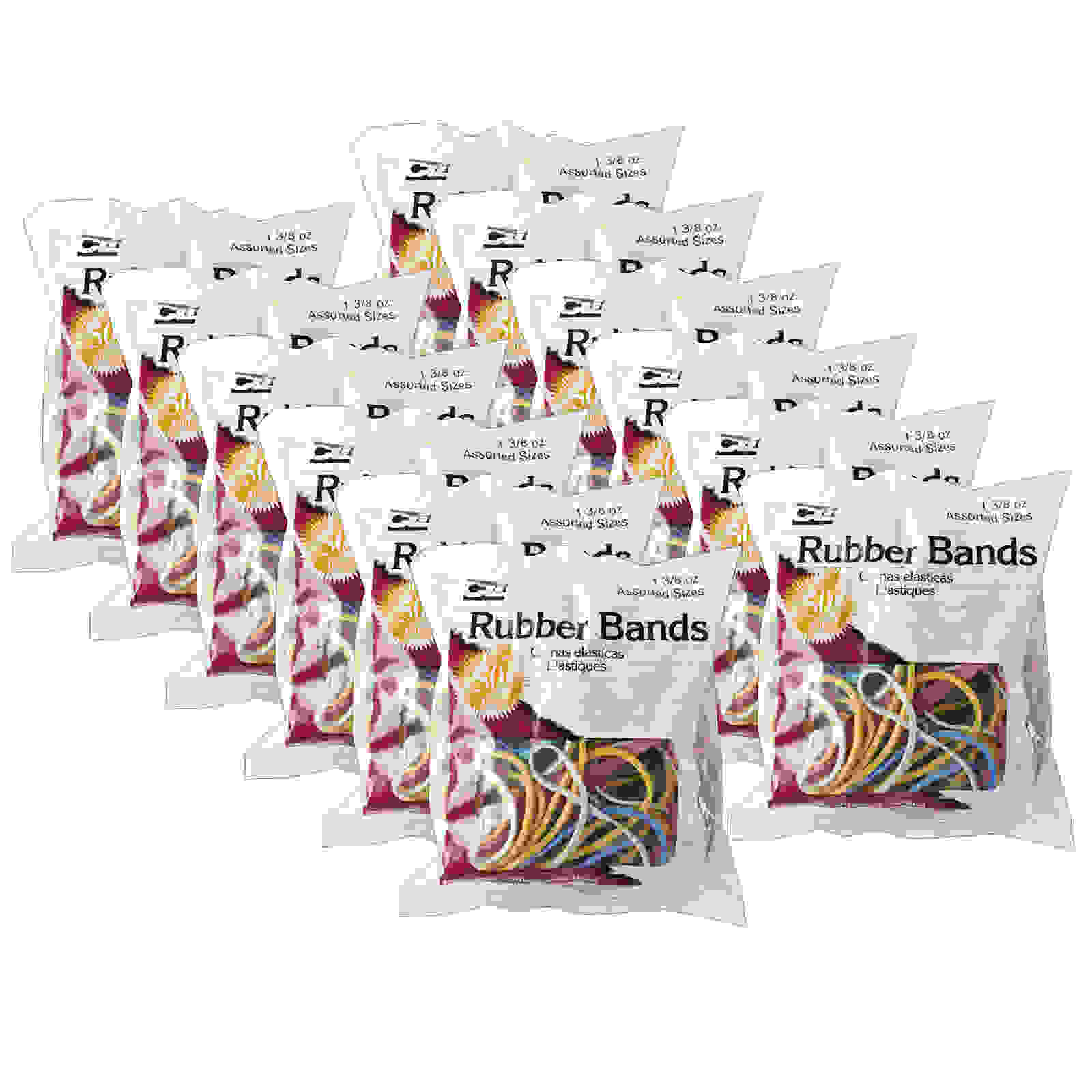 Rubber Bands, Assorted Colors, 1-3/8oz Bag, 12 Bags