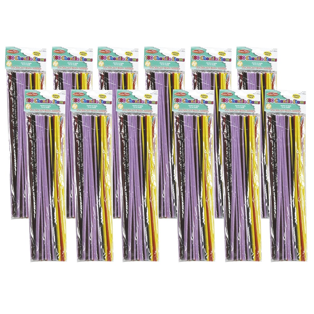 Creative Arts Chenille Stems, 4 mm/12", Assorted Colors, 100 Per Pack, 12 Packs